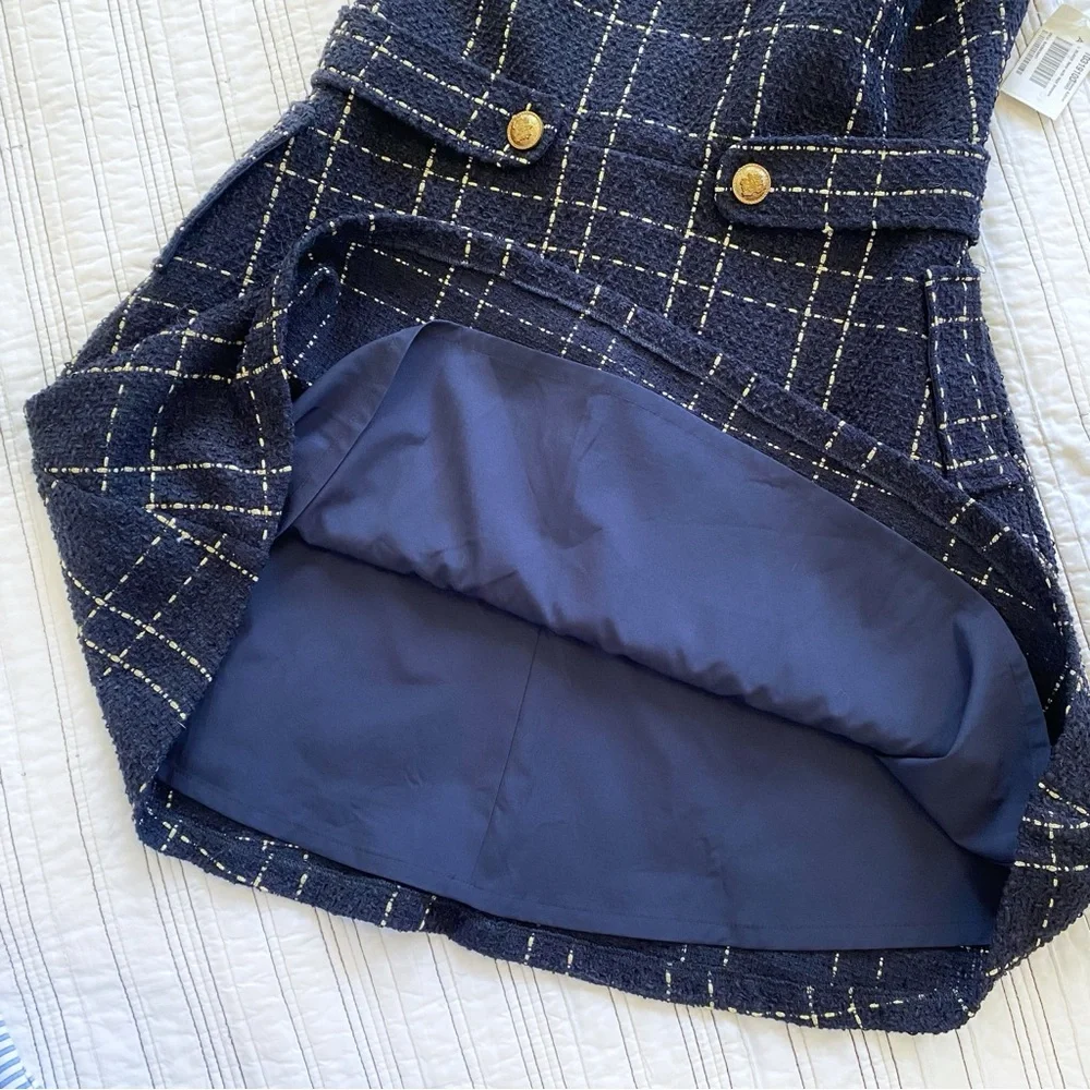 NWT Alexia Admor Avery Plaid Tweed Fit & Flare Dress Navy White Gold size Large - Picture 8 of 10
